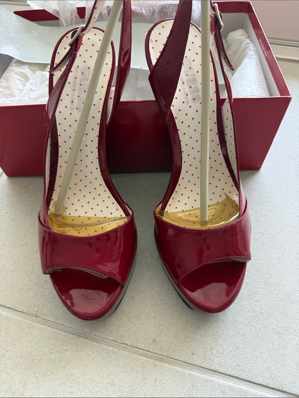 Guess by Marciano Burgundy Patent Peep-Toe Slingback Heels